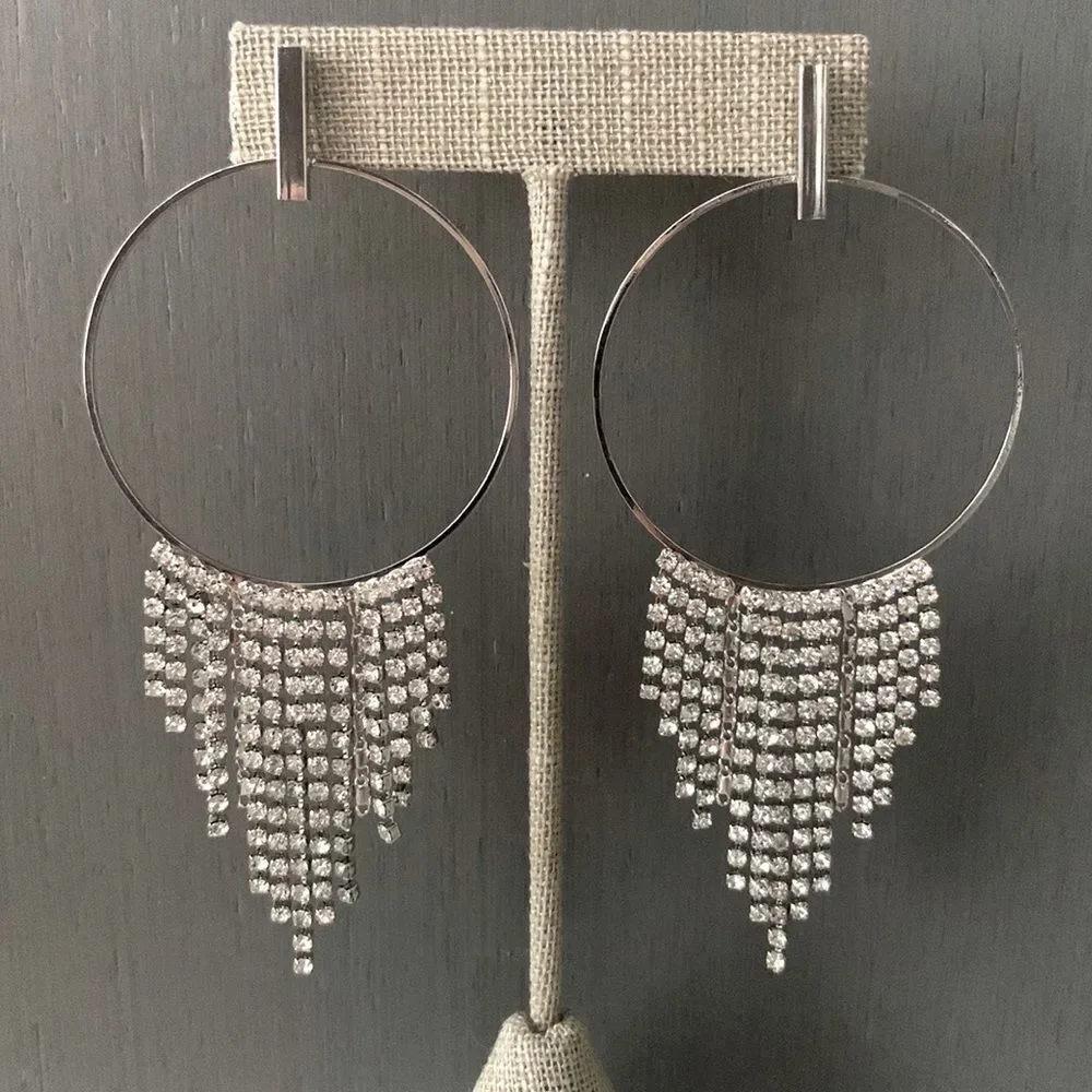 Cristabelle Art Deco Fringe Earrings – Silver Hoop & Rhinestone Drops